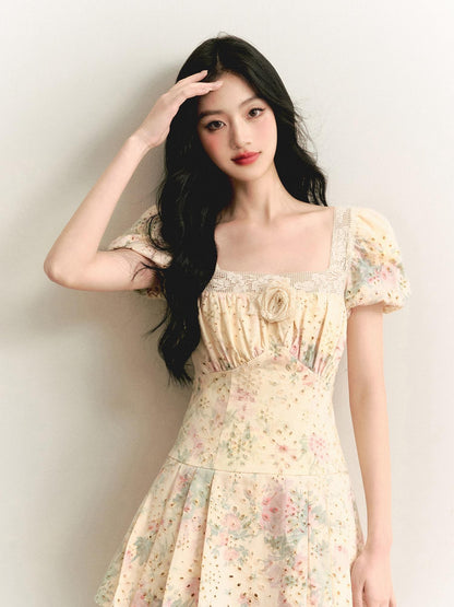 1P STUDIO Beige Floral Lace Cutout Square Neck A Line Women&
