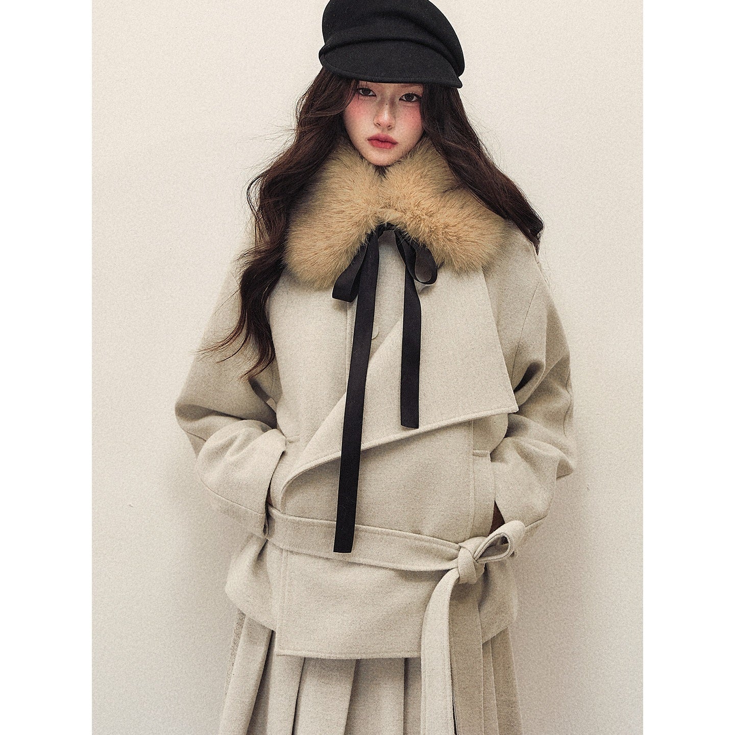 1P_STUDIO_Beige_Gray_Belted_Cropped_Coat_Midi_Pleated_Skirt_Women&