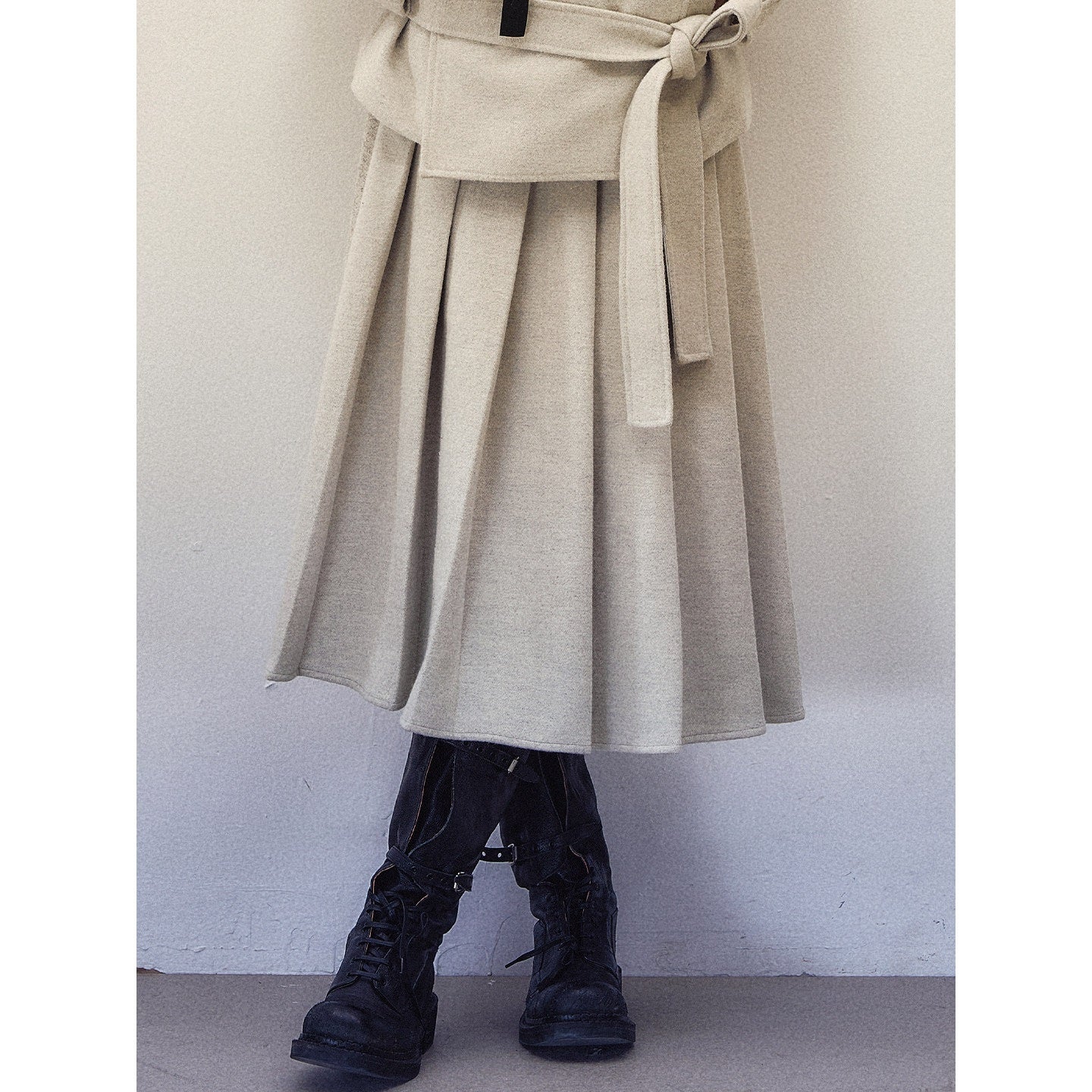 1P_STUDIO_Beige_Gray_Belted_Cropped_Coat_Midi_Pleated_Skirt_Women&