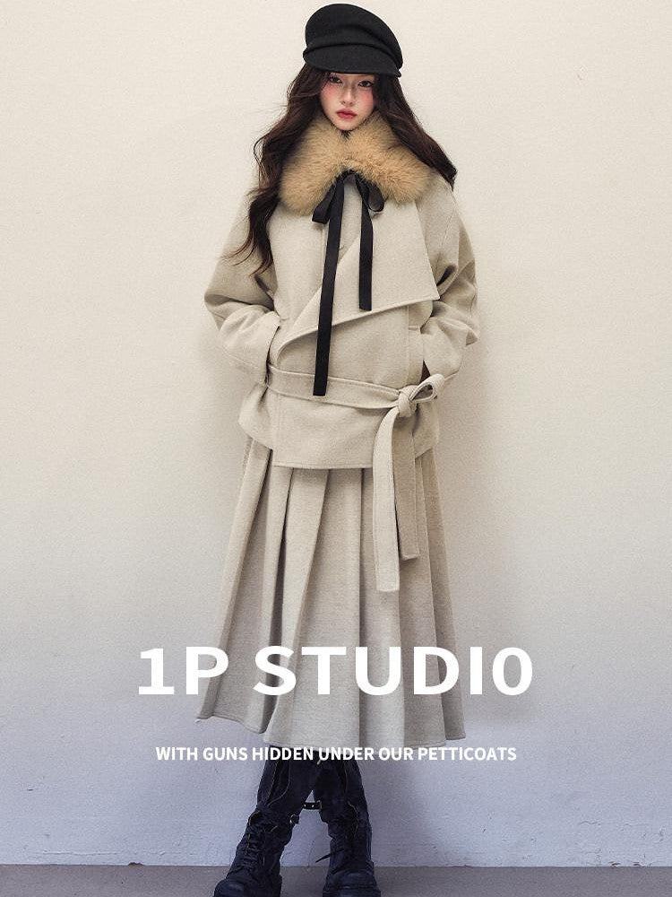 1P STUDIO Beige Gray Belted Cropped Coat Midi Pleated Skirt Women&