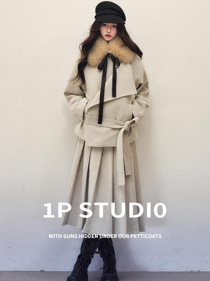 1P STUDIO Beige Gray Belted Cropped Coat Midi Pleated Skirt Women&