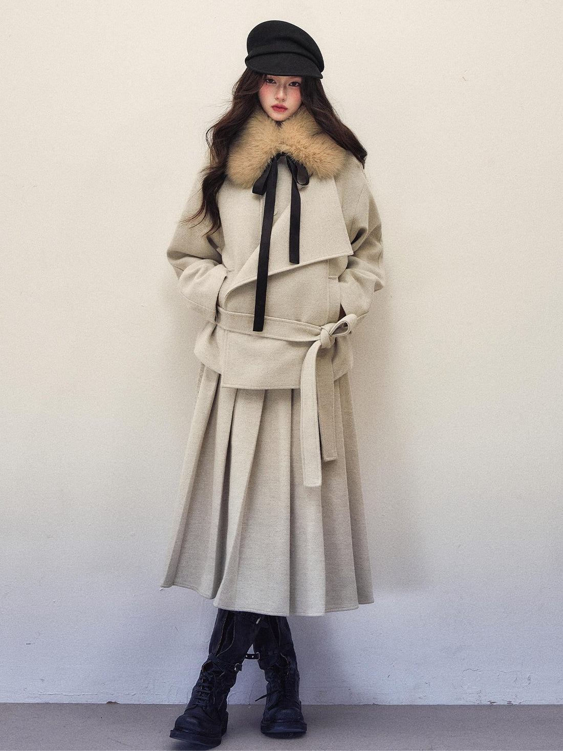 1P STUDIO Beige Gray Belted Cropped Coat Midi Pleated Skirt Women&