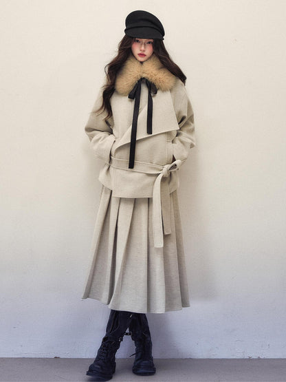 1P STUDIO Beige Gray Belted Cropped Coat Midi Pleated Skirt Women&