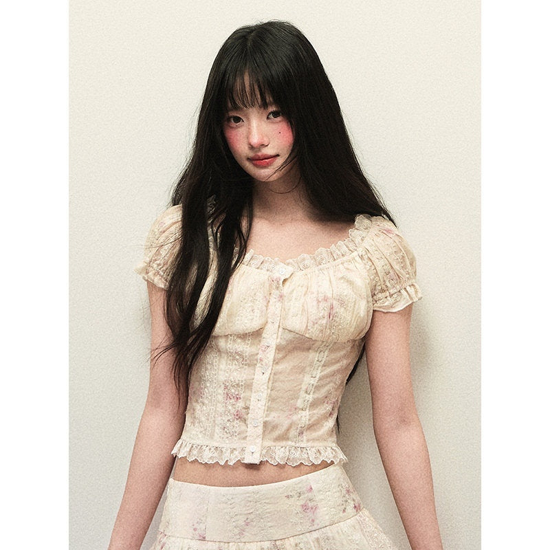1P_STUDIO_Beige_Lace_Slim_Short_Shirt_Low_Waist_Flared_Skirt_Women&