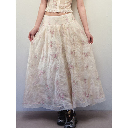 1P_STUDIO_Beige_Lace_Slim_Short_Shirt_Low_Waist_Flared_Skirt_Women&