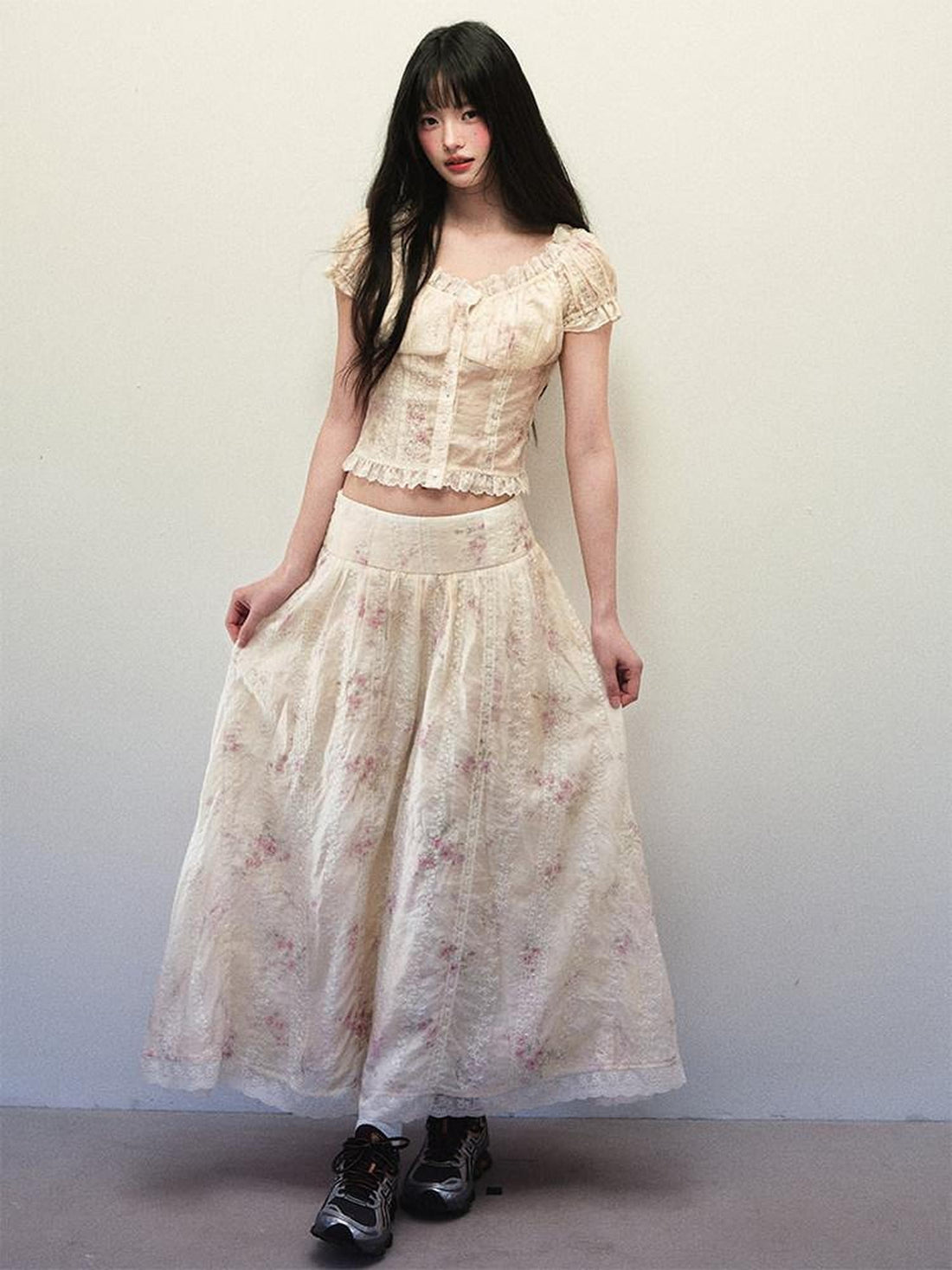 1P STUDIO Beige Lace Slim Short Shirt Low Waist Flared Skirt Women&