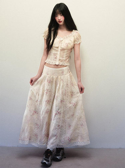 1P STUDIO Beige Lace Slim Short Shirt Low Waist Flared Skirt Women&