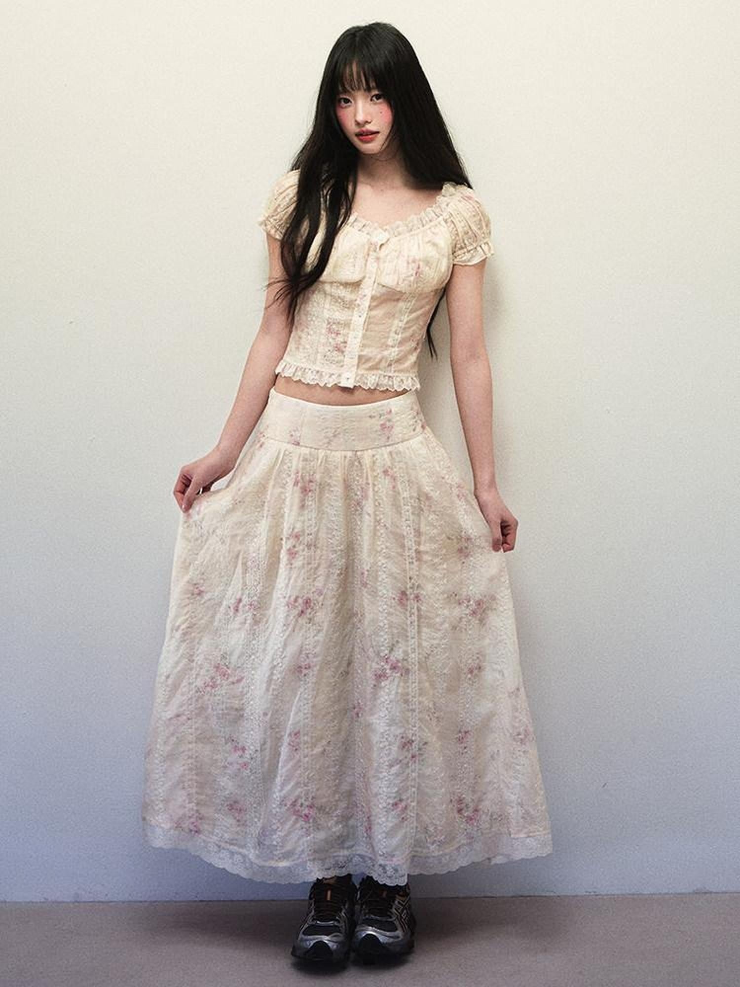 1P STUDIO Beige Lace Slim Short Shirt Low Waist Flared Skirt Women&