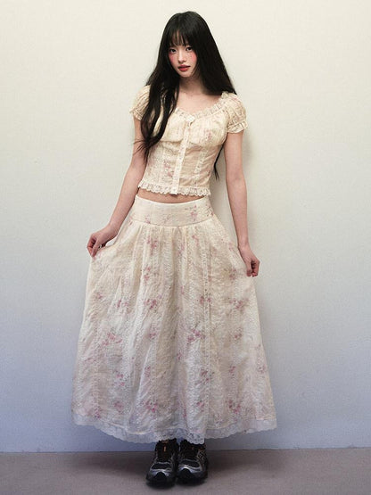 1P STUDIO Beige Lace Slim Short Shirt Low Waist Flared Skirt Women&