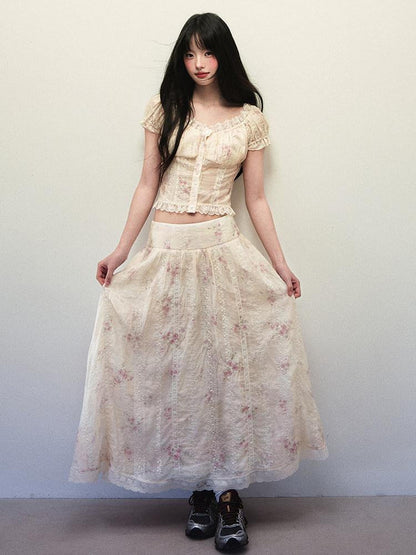 1P STUDIO Beige Lace Slim Short Shirt Low Waist Flared Skirt Women&