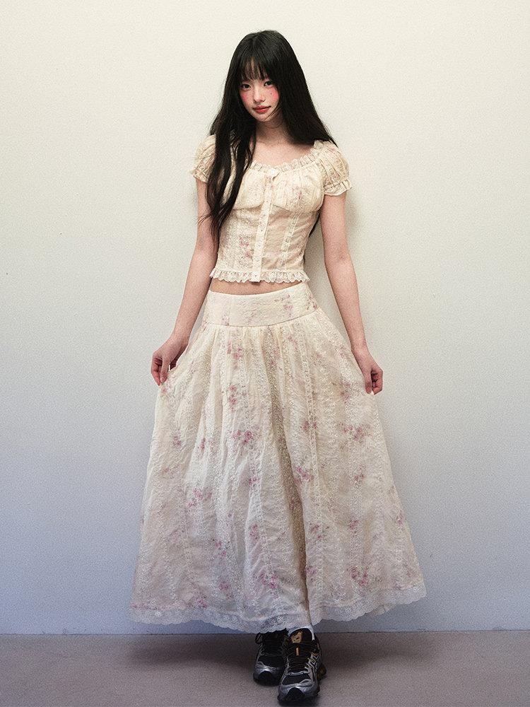 1P STUDIO Beige Lace Slim Short Shirt Low Waist Flared Skirt Women&