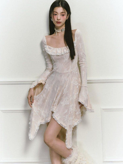 1P STUDIO Beige Lace Trim Square Neck A Line High Waist Women&