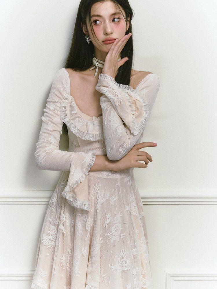 1P STUDIO Beige Lace Trim Square Neck A Line High Waist Women&