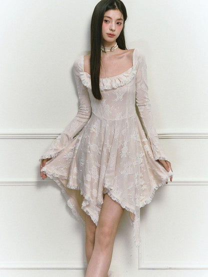 1P STUDIO Beige Lace Trim Square Neck A Line High Waist Women&
