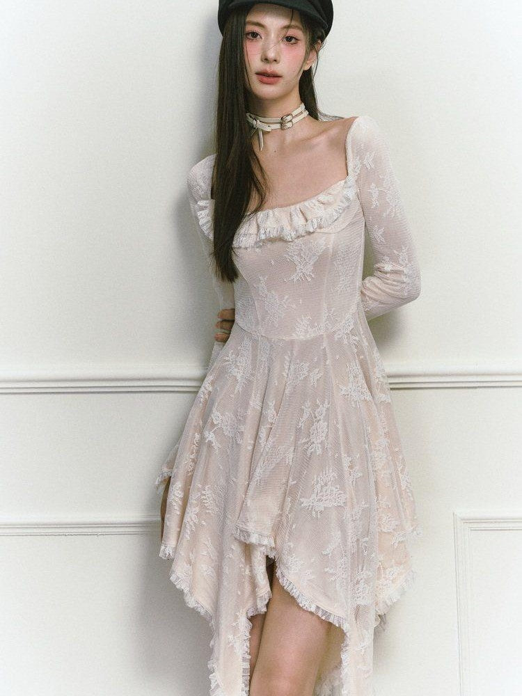 1P STUDIO Beige Lace Trim Square Neck A Line High Waist Women&