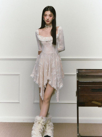 1P STUDIO Beige Lace Trim Square Neck A Line High Waist Women&
