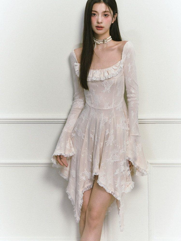 1P STUDIO Beige Lace Trim Square Neck A Line High Waist Women&