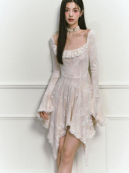 1P STUDIO Beige Lace Trim Square Neck A Line High Waist Women&