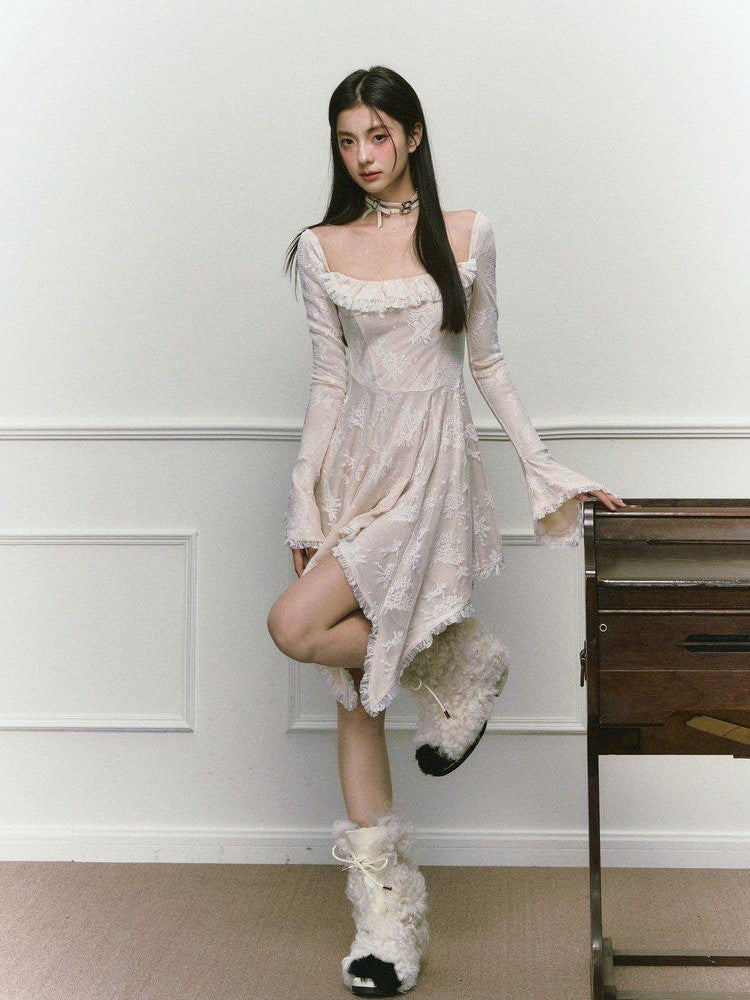 1P STUDIO Beige Lace Trim Square Neck A Line High Waist Women&