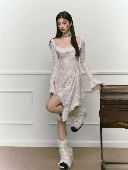 1P STUDIO Beige Lace Trim Square Neck A Line High Waist Women&