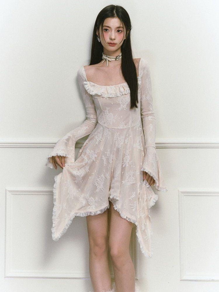 1P STUDIO Beige Lace Trim Square Neck A Line High Waist Women&