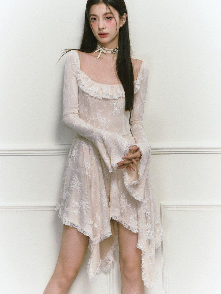 1P STUDIO Beige Lace Trim Square Neck A Line High Waist Women&