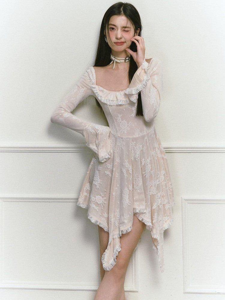 1P STUDIO Beige Lace Trim Square Neck A Line High Waist Women&