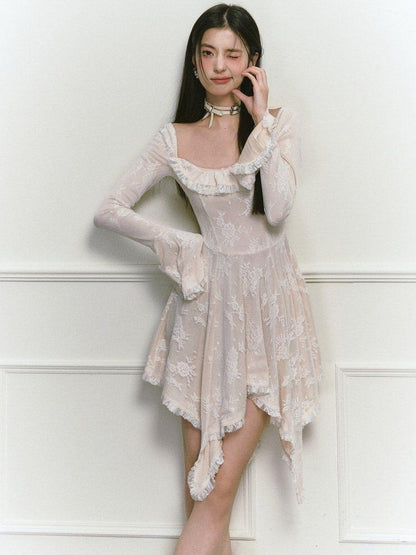 1P STUDIO Beige Lace Trim Square Neck A Line High Waist Women&