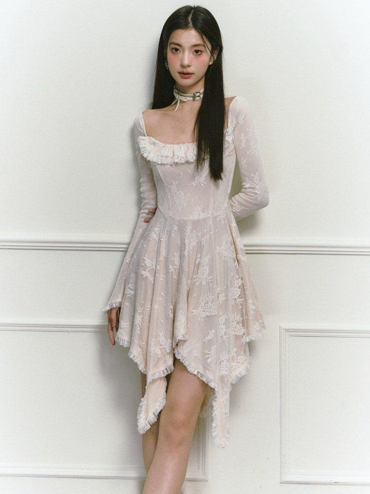 1P STUDIO Beige Lace Trim Square Neck A Line High Waist Women&
