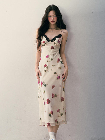 1P STUDIO Beige Rose Print Lace V-neck Cinched Waist Women&