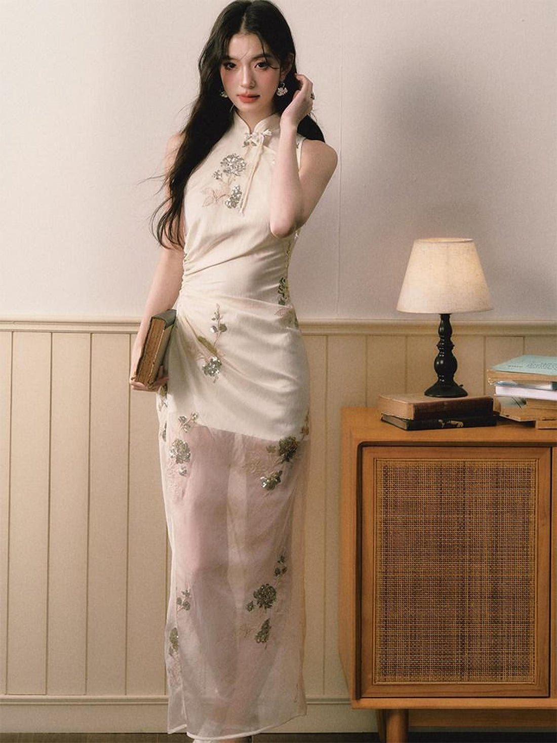 1P STUDIO Beige Sequin Embroidered Stand Collar Women&