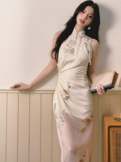 1P STUDIO Beige Sequin Embroidered Stand Collar Women&