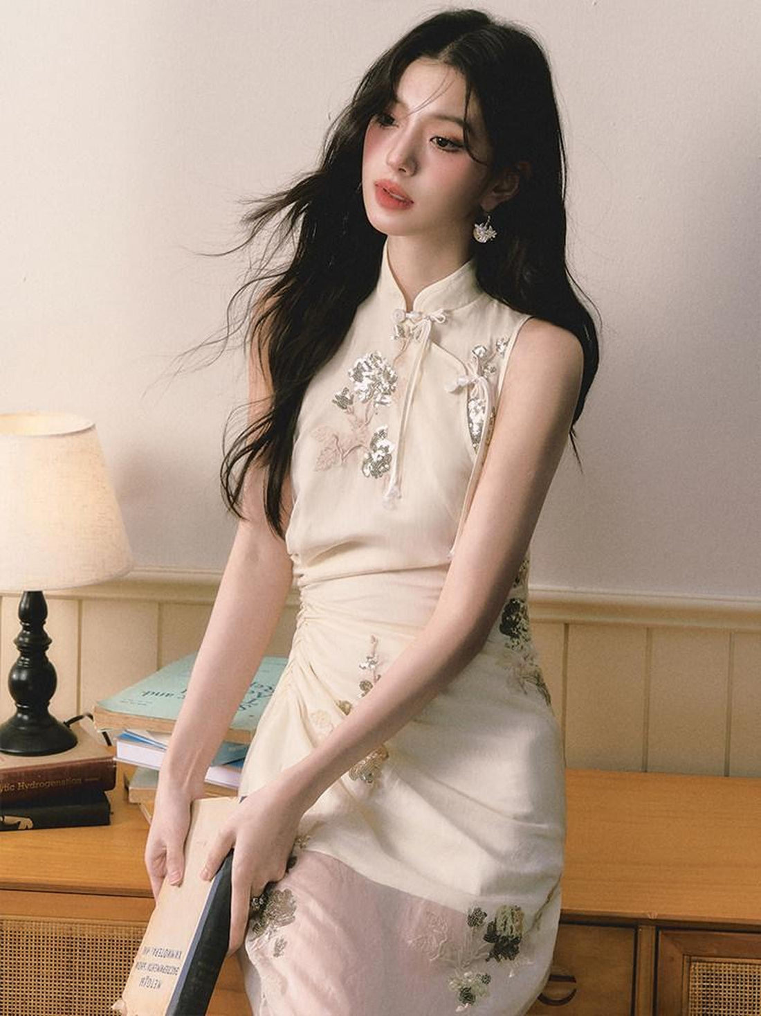 1P STUDIO Beige Sequin Embroidered Stand Collar Women&