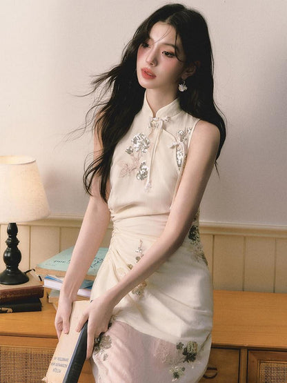 1P STUDIO Beige Sequin Embroidered Stand Collar Women&