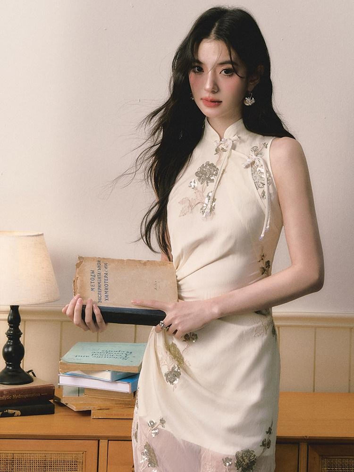 1P STUDIO Beige Sequin Embroidered Stand Collar Women&
