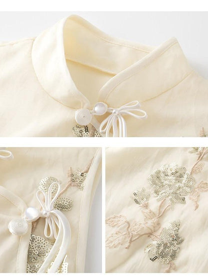1P STUDIO Beige Sequin Embroidered Stand Collar Women&