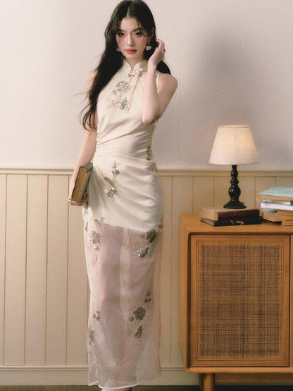1P STUDIO Beige Sequin Embroidered Stand Collar Women&