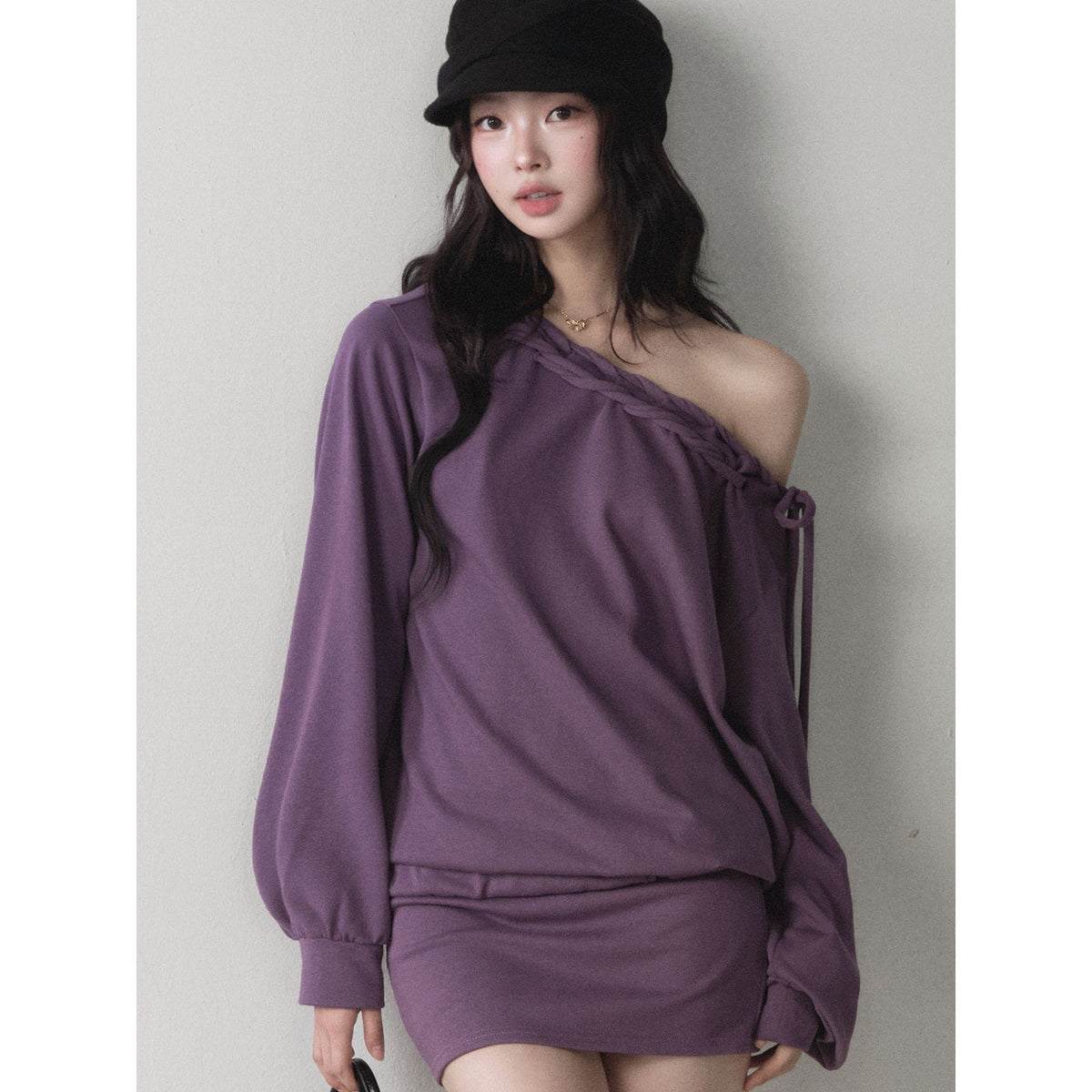 1P_STUDIO_Berry_Purple_Asymmetric_One_Shoulder_Braided_Drawstring_Sweatshirt_And_Bodycon_Mini_Women&