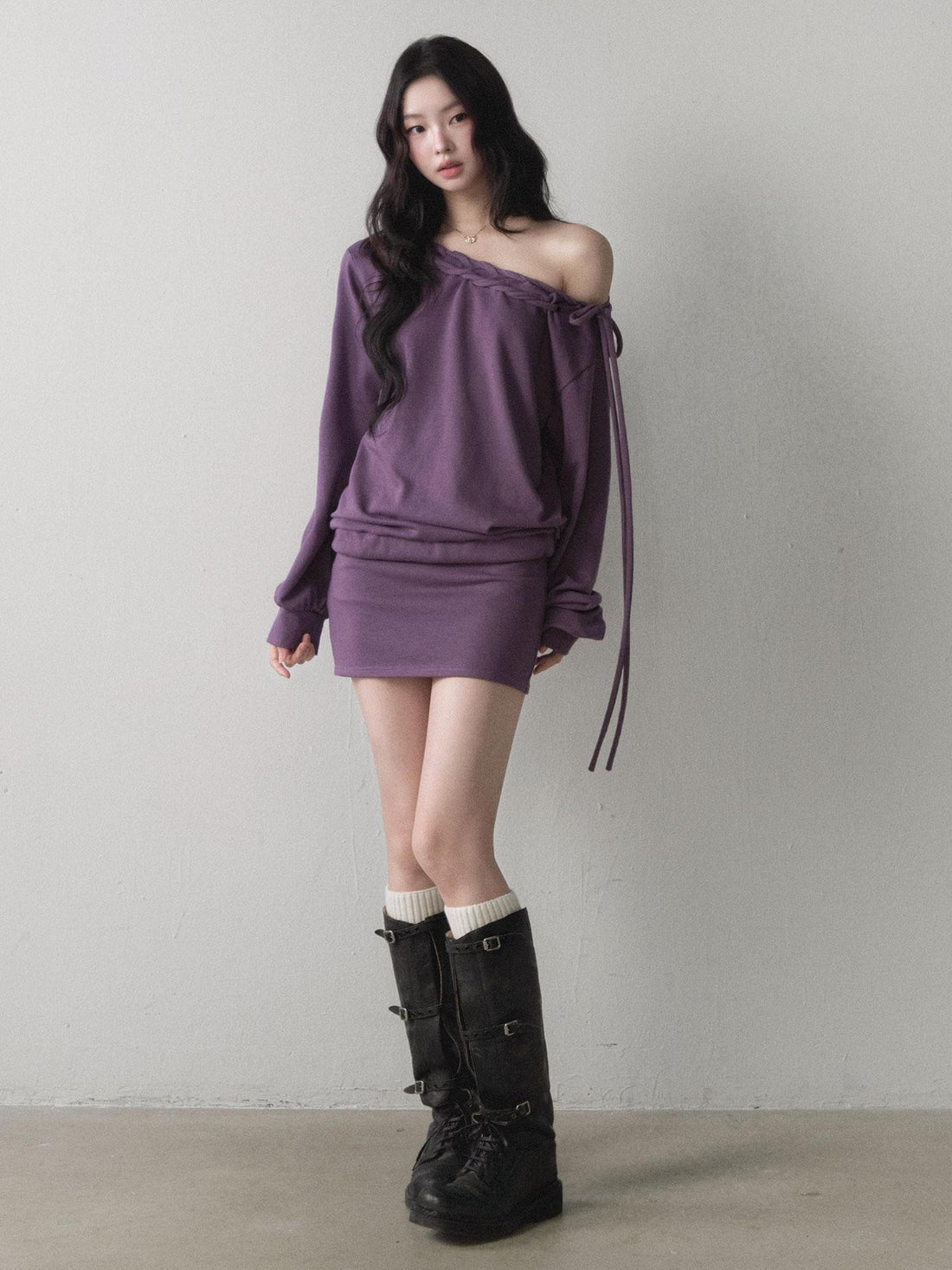 1P STUDIO Berry Purple Asymmetric One Shoulder Braided Drawstring Sweatshirt And Bodycon Mini Women&