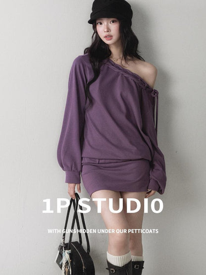 1P STUDIO Berry Purple Asymmetric One Shoulder Braided Drawstring Sweatshirt And Bodycon Mini Women&
