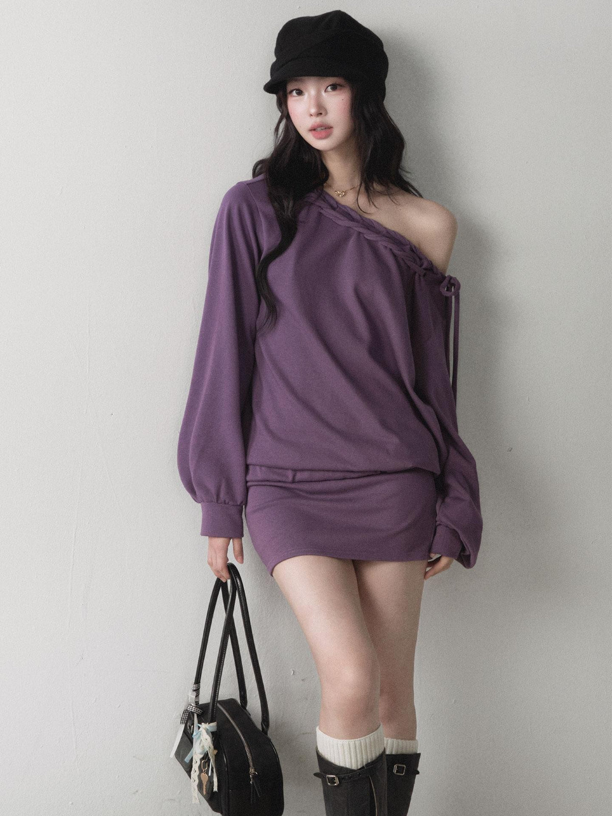 1P STUDIO Berry Purple Asymmetric One Shoulder Braided Drawstring Sweatshirt And Bodycon Mini Women&