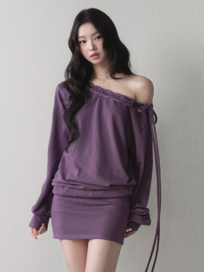 1P STUDIO Berry Purple Asymmetric One Shoulder Braided Drawstring Sweatshirt And Bodycon Mini Women&