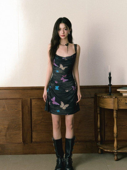 1P STUDIO Black Butterfly Print A Line Cinched Waist Women&
