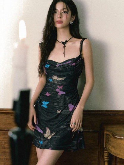 1P STUDIO Black Butterfly Print A Line Cinched Waist Women&