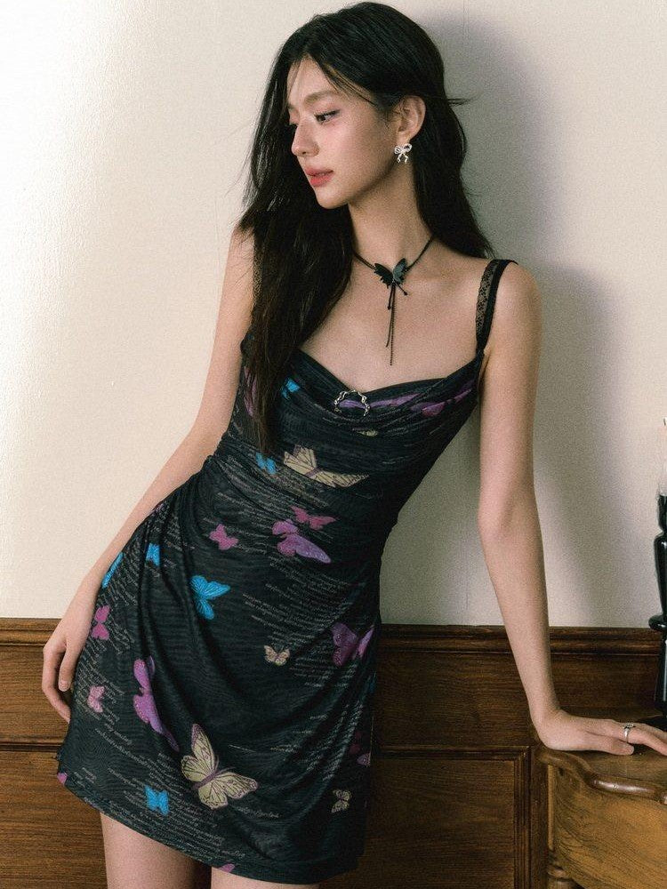 1P STUDIO Black Butterfly Print A Line Cinched Waist Women&