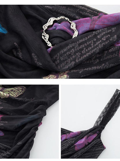 1P STUDIO Black Butterfly Print A Line Cinched Waist Women&