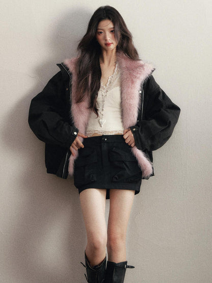 1P STUDIO Black Detachable Faux Mink Collar Oversized Women&