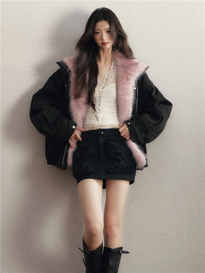1P STUDIO Black Detachable Faux Mink Collar Oversized Women&