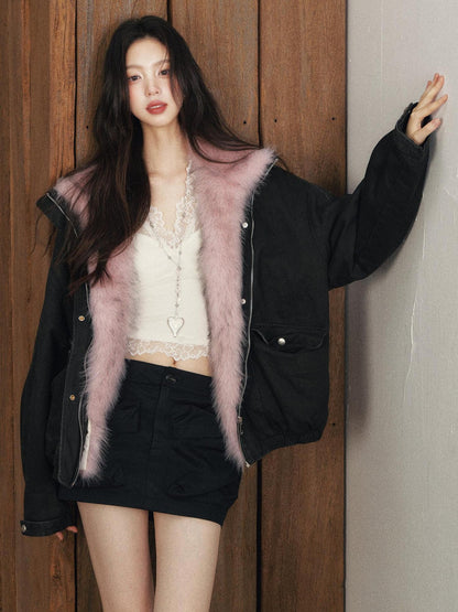 1P STUDIO Black Detachable Faux Mink Collar Oversized Women&