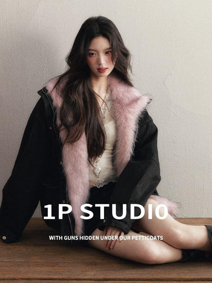1P STUDIO Black Detachable Faux Mink Collar Oversized Women&